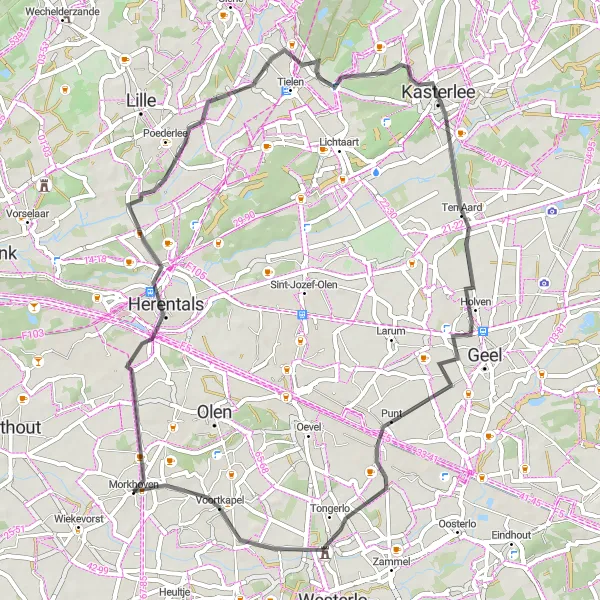 Karten-Miniaturansicht der Radinspiration "Road-Tour durch Morkhoven und Umgebung" in Prov. Antwerpen, Belgium. Erstellt vom Tarmacs.app-Routenplaner für Radtouren