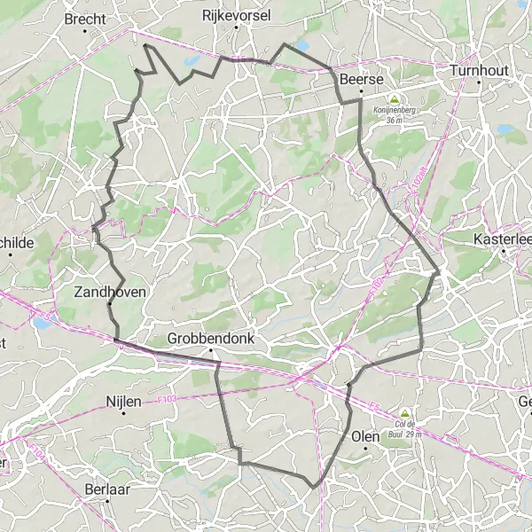 Map miniature of "Morkhoven to Noorderwijk Road Route" cycling inspiration in Prov. Antwerpen, Belgium. Generated by Tarmacs.app cycling route planner