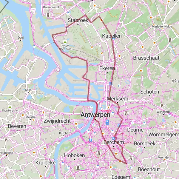 Miniature de la carte de l'inspiration cycliste "Parcours autour d'Antwerp" dans la Prov. Antwerpen, Belgium. Générée par le planificateur d'itinéraire cycliste Tarmacs.app