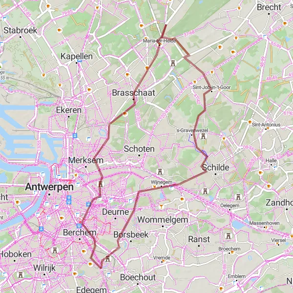 Miniatuurkaart van de fietsinspiratie "Gravelroute vanuit Mortsel via Berchem naar Borsbeek" in Prov. Antwerpen, Belgium. Gemaakt door de Tarmacs.app fietsrouteplanner