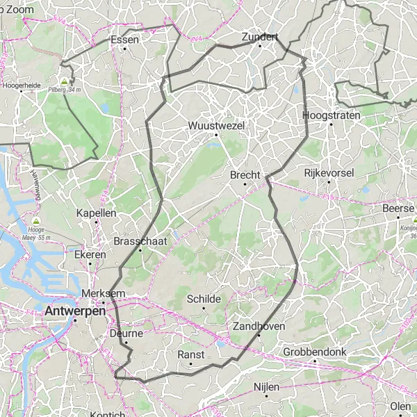 Map miniature of "Brasschaat - Zandhoven Road Route" cycling inspiration in Prov. Antwerpen, Belgium. Generated by Tarmacs.app cycling route planner