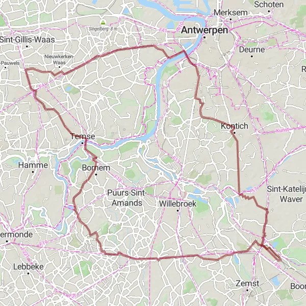 Karten-Miniaturansicht der Radinspiration "Gravel-Tour von Muizen nach Sint-Niklaas und zurück" in Prov. Antwerpen, Belgium. Erstellt vom Tarmacs.app-Routenplaner für Radtouren