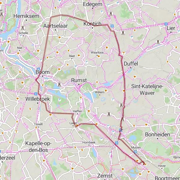 Karten-Miniaturansicht der Radinspiration "Entdeckungsreiche Gravel-Strecke in der Nähe von Muizen" in Prov. Antwerpen, Belgium. Erstellt vom Tarmacs.app-Routenplaner für Radtouren