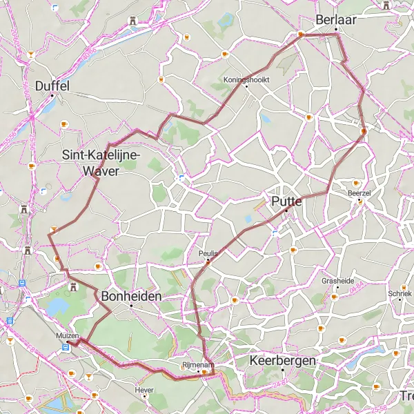 Karten-Miniaturansicht der Radinspiration "Gravel-Tour von Muizen nach Sint-Katelijne-Waver und zurück" in Prov. Antwerpen, Belgium. Erstellt vom Tarmacs.app-Routenplaner für Radtouren