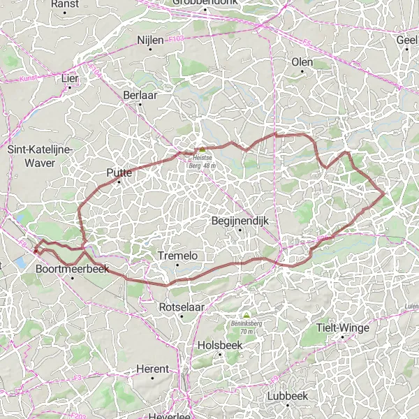 Map miniature of "Hills and Valleys" cycling inspiration in Prov. Antwerpen, Belgium. Generated by Tarmacs.app cycling route planner