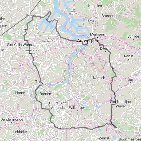 Karten-Miniaturansicht der Radinspiration "Tour von Muizen nach Kieldrecht und zurück" in Prov. Antwerpen, Belgium. Erstellt vom Tarmacs.app-Routenplaner für Radtouren