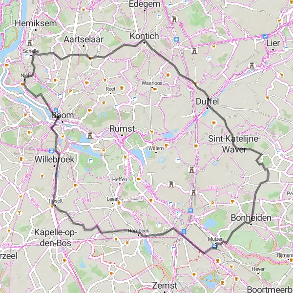 Miniature de la carte de l'inspiration cycliste "Boucle des villages près de Niel" dans la Prov. Antwerpen, Belgium. Générée par le planificateur d'itinéraire cycliste Tarmacs.app