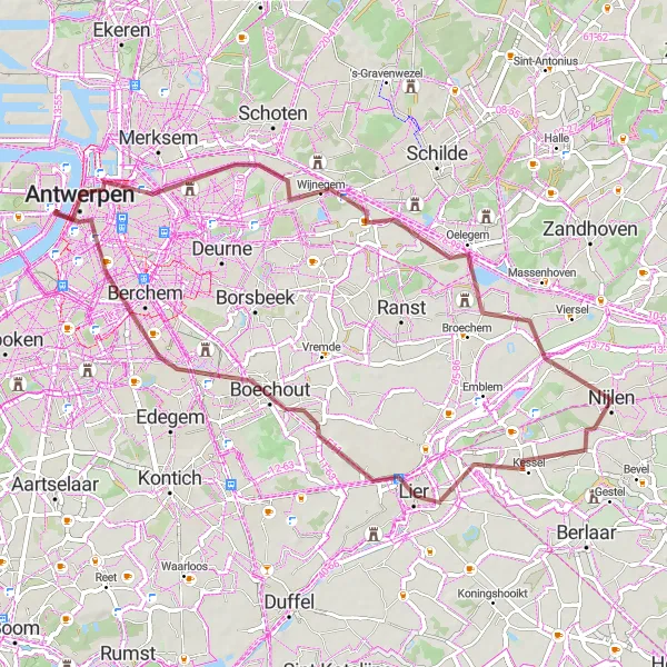 Miniatuurkaart van de fietsinspiratie "Gravelavontuur rond Lier en Antwerpen" in Prov. Antwerpen, Belgium. Gemaakt door de Tarmacs.app fietsrouteplanner