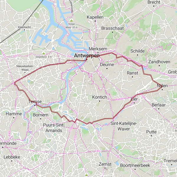 Karten-Miniaturansicht der Radinspiration "Gravelrunde durch Antwerpen" in Prov. Antwerpen, Belgium. Erstellt vom Tarmacs.app-Routenplaner für Radtouren