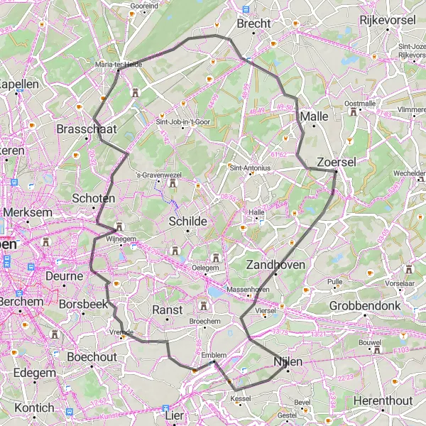 Miniatuurkaart van de fietsinspiratie "Pittoreske Kempense dorpjes" in Prov. Antwerpen, Belgium. Gemaakt door de Tarmacs.app fietsrouteplanner