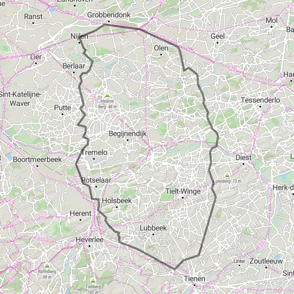 Miniature de la carte de l'inspiration cycliste "Le défi des collines flamandes" dans la Prov. Antwerpen, Belgium. Générée par le planificateur d'itinéraire cycliste Tarmacs.app