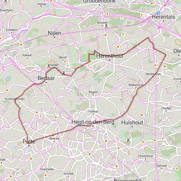 Map miniature of "Picturesque Gravel Route through Morkhoven and Berlaar" cycling inspiration in Prov. Antwerpen, Belgium. Generated by Tarmacs.app cycling route planner