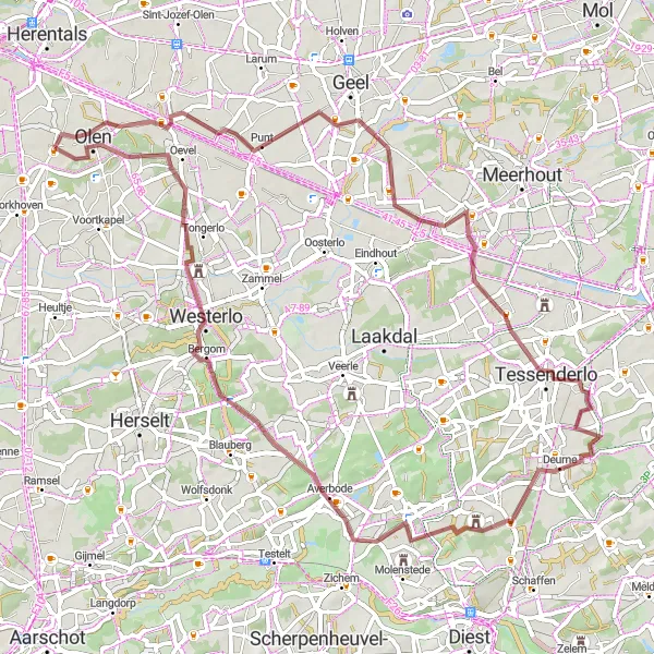 Map miniature of "Memorable Gravel Ride to Westerlo from Noorderwijk" cycling inspiration in Prov. Antwerpen, Belgium. Generated by Tarmacs.app cycling route planner