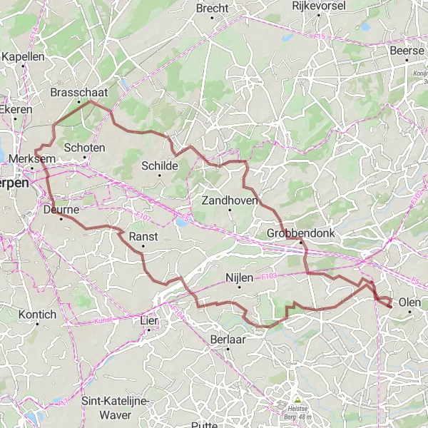 Miniatuurkaart van de fietsinspiratie "Herenthout en 's-Gravenwezel Gravel Route" in Prov. Antwerpen, Belgium. Gemaakt door de Tarmacs.app fietsrouteplanner