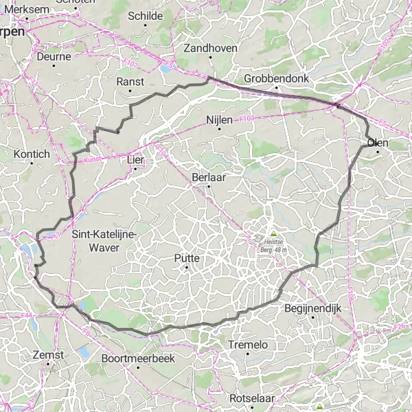 Map miniature of "Road Cycling Discovery from Noorderwijk to OLV-Ten-Troon" cycling inspiration in Prov. Antwerpen, Belgium. Generated by Tarmacs.app cycling route planner