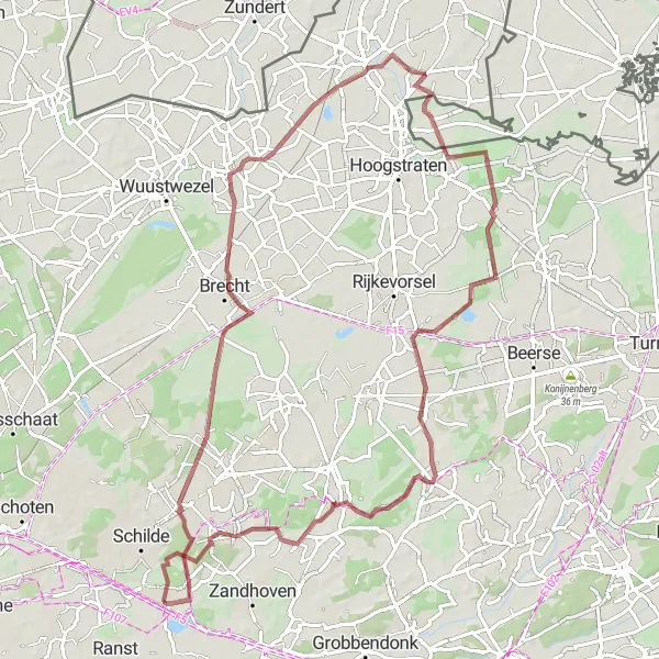 Miniatuurkaart van de fietsinspiratie "Gravelroute vanuit Oelegem naar Castelré" in Prov. Antwerpen, Belgium. Gemaakt door de Tarmacs.app fietsrouteplanner
