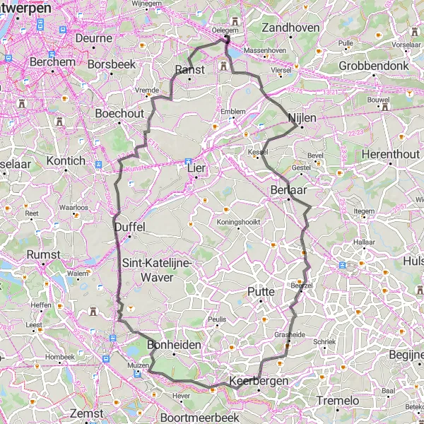 Map miniature of "Kessel to Ranst" cycling inspiration in Prov. Antwerpen, Belgium. Generated by Tarmacs.app cycling route planner