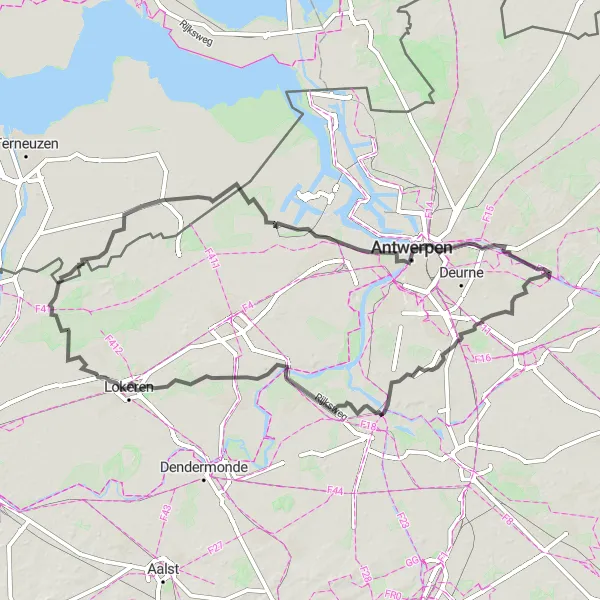 Miniature de la carte de l'inspiration cycliste "Parcours pittoresque autour d'Antwerpen" dans la Prov. Antwerpen, Belgium. Générée par le planificateur d'itinéraire cycliste Tarmacs.app