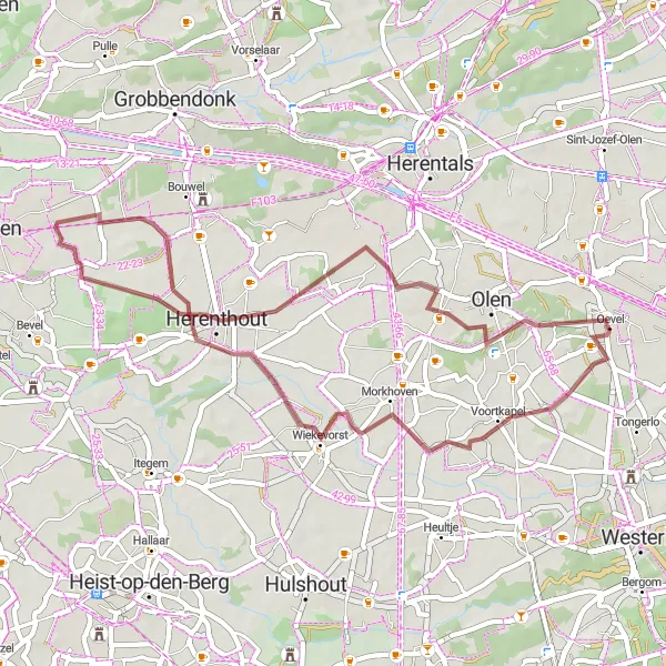 Map miniature of "Scenic Gravel Ride: Noorderwijk to Wiekevorst" cycling inspiration in Prov. Antwerpen, Belgium. Generated by Tarmacs.app cycling route planner