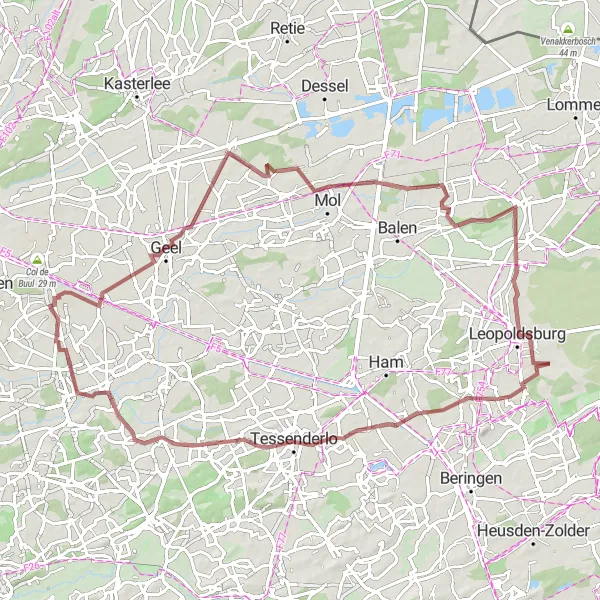 Miniature de la carte de l'inspiration cycliste "Tour en Gravier de Oevel à Gompel" dans la Prov. Antwerpen, Belgium. Générée par le planificateur d'itinéraire cycliste Tarmacs.app