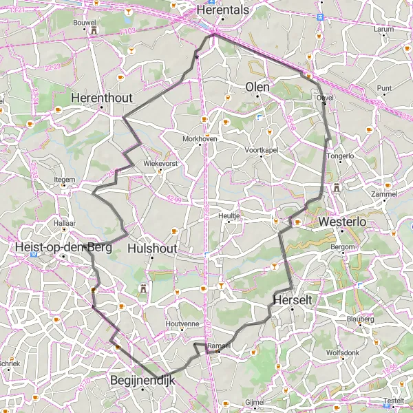 Map miniature of "Oevel-Herselt-Zonderschot-Heistse Berg-Col de Buul" cycling inspiration in Prov. Antwerpen, Belgium. Generated by Tarmacs.app cycling route planner