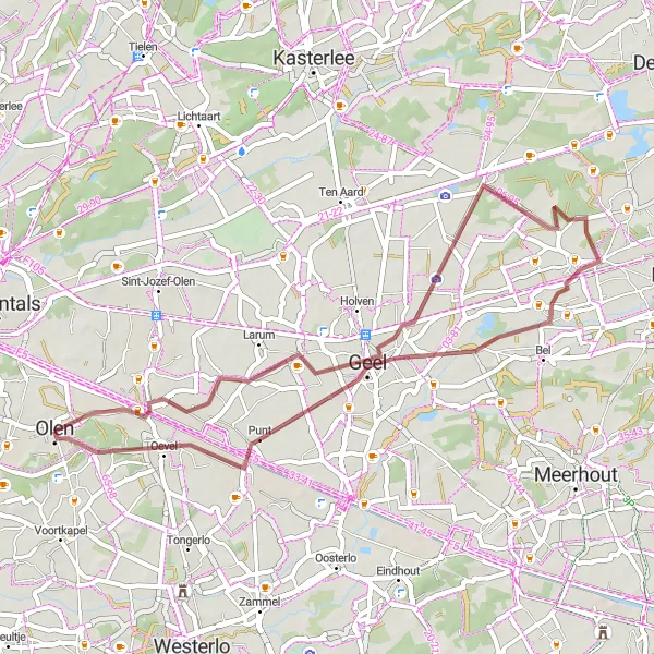 Karten-Miniaturansicht der Radinspiration "Olen - Geel Gravel Tour" in Prov. Antwerpen, Belgium. Erstellt vom Tarmacs.app-Routenplaner für Radtouren