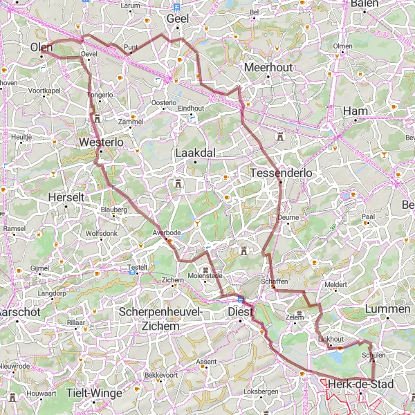 Karten-Miniaturansicht der Radinspiration "Olen - Averbode Gravel Tour" in Prov. Antwerpen, Belgium. Erstellt vom Tarmacs.app-Routenplaner für Radtouren