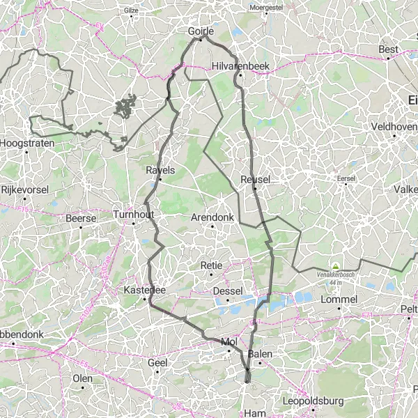 Miniatuurkaart van de fietsinspiratie "Rondrit van Olmen naar Postel en terug" in Prov. Antwerpen, Belgium. Gemaakt door de Tarmacs.app fietsrouteplanner