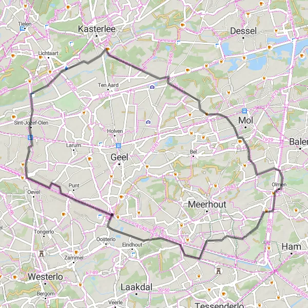 Karten-Miniaturansicht der Radinspiration "55 km Straßenrundtour ab Olmen" in Prov. Antwerpen, Belgium. Erstellt vom Tarmacs.app-Routenplaner für Radtouren