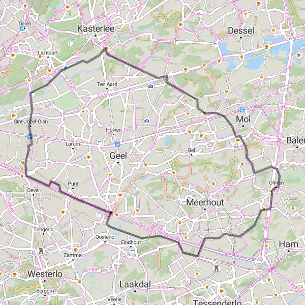 Miniatuurkaart van de fietsinspiratie "Korte fietstocht door de Kempense dorpen" in Prov. Antwerpen, Belgium. Gemaakt door de Tarmacs.app fietsrouteplanner