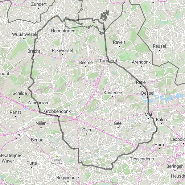 Miniature de la carte de l'inspiration cycliste "Le Tour des Villages Flamands" dans la Prov. Antwerpen, Belgium. Générée par le planificateur d'itinéraire cycliste Tarmacs.app