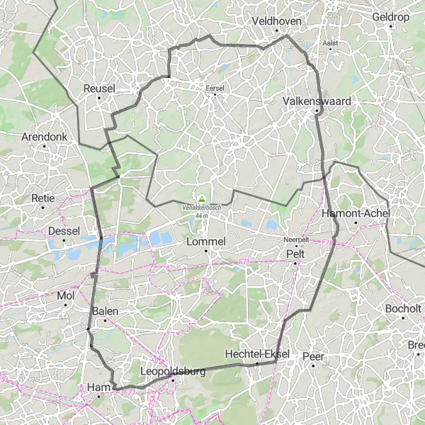 Karten-Miniaturansicht der Radinspiration "Rundtour ab Olmen - Klare Heidelandschaften" in Prov. Antwerpen, Belgium. Erstellt vom Tarmacs.app-Routenplaner für Radtouren