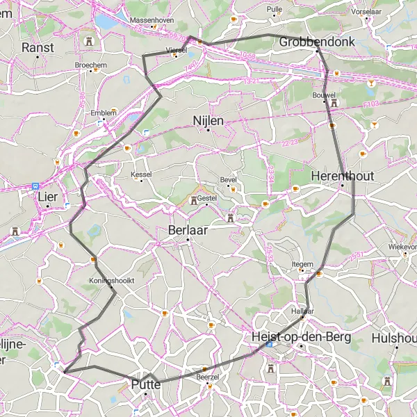 Map miniature of "Road Loop to Heist-op-den-Berg" cycling inspiration in Prov. Antwerpen, Belgium. Generated by Tarmacs.app cycling route planner