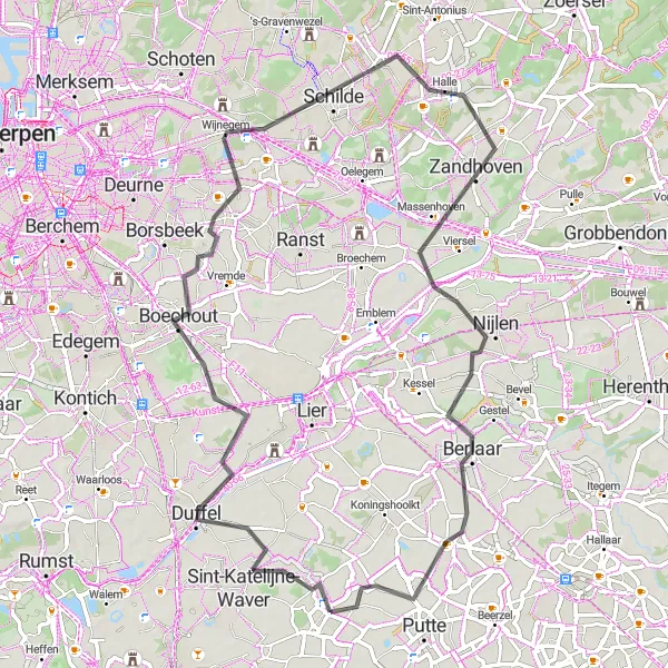 Miniature de la carte de l'inspiration cycliste "Circuit des Villages Flamands" dans la Prov. Antwerpen, Belgium. Générée par le planificateur d'itinéraire cycliste Tarmacs.app