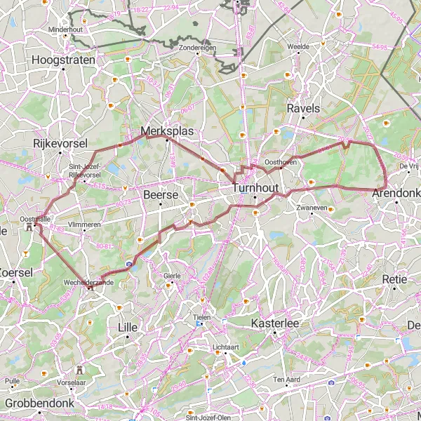 Map miniature of "Oostmalle - Merksplas - Oosthoven - Kijktoren - Oud-Turnhout - Konijnenberg - Wechelderzande - Oostmalle" cycling inspiration in Prov. Antwerpen, Belgium. Generated by Tarmacs.app cycling route planner