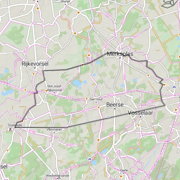 Miniatuurkaart van de fietsinspiratie "Wegavontuur naar Vosselaar en Konijnenberg" in Prov. Antwerpen, Belgium. Gemaakt door de Tarmacs.app fietsrouteplanner