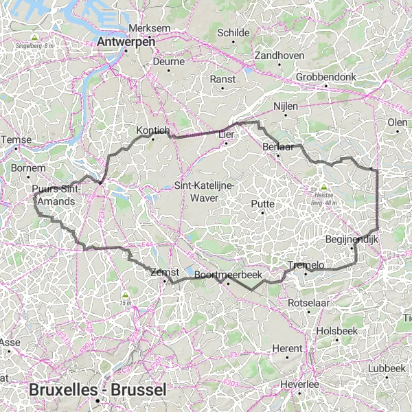 Miniature de la carte de l'inspiration cycliste "Parcours de Zemst" dans la Prov. Antwerpen, Belgium. Générée par le planificateur d'itinéraire cycliste Tarmacs.app