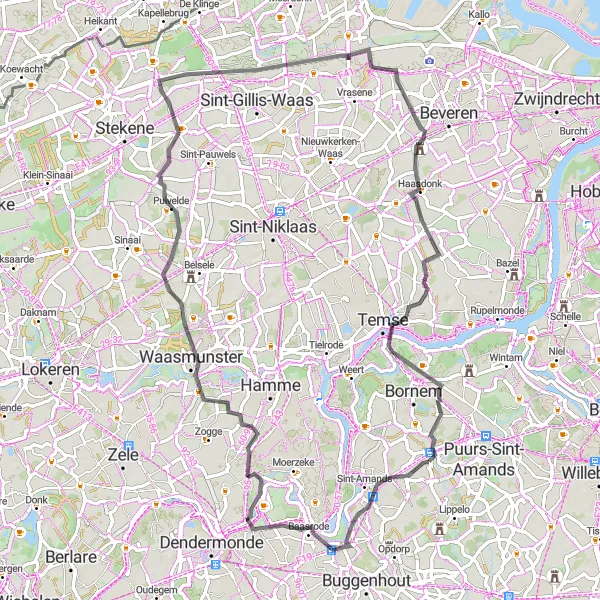 Miniatuurkaart van de fietsinspiratie "Oppuurs - Briel - Kasteel Ortegat - Puivelde - Haasdonk - Temse" in Prov. Antwerpen, Belgium. Gemaakt door de Tarmacs.app fietsrouteplanner