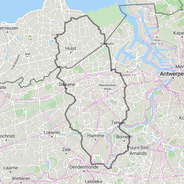 Map miniature of "Oppuurs to Temse Road Route" cycling inspiration in Prov. Antwerpen, Belgium. Generated by Tarmacs.app cycling route planner