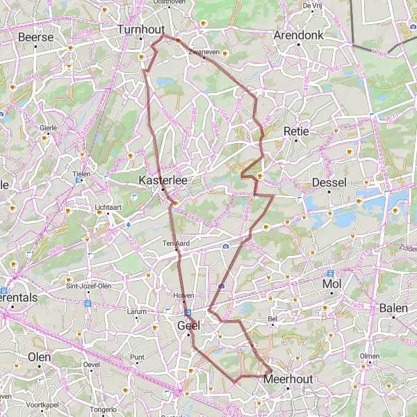 Miniatuurkaart van de fietsinspiratie "Gravelroute vanuit Oud-Turnhout" in Prov. Antwerpen, Belgium. Gemaakt door de Tarmacs.app fietsrouteplanner