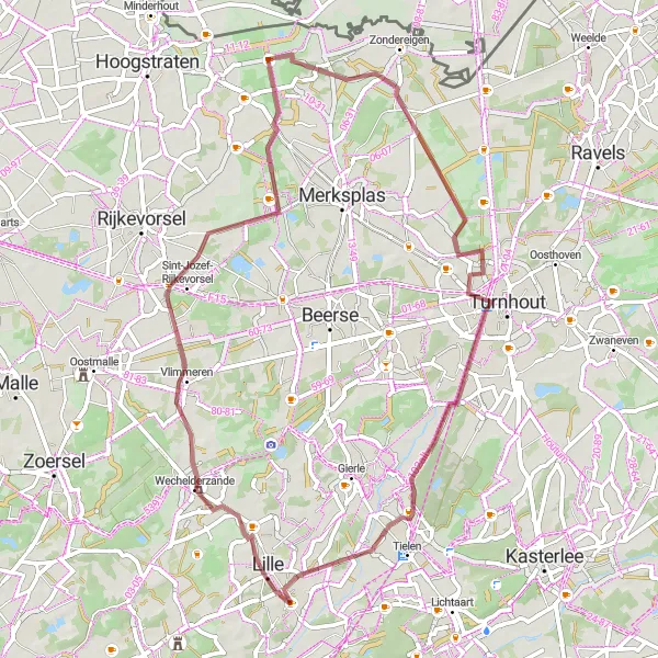 Miniatuurkaart van de fietsinspiratie "Verkenning van Wortel-Kolonie en Turnhout per gravelbike" in Prov. Antwerpen, Belgium. Gemaakt door de Tarmacs.app fietsrouteplanner
