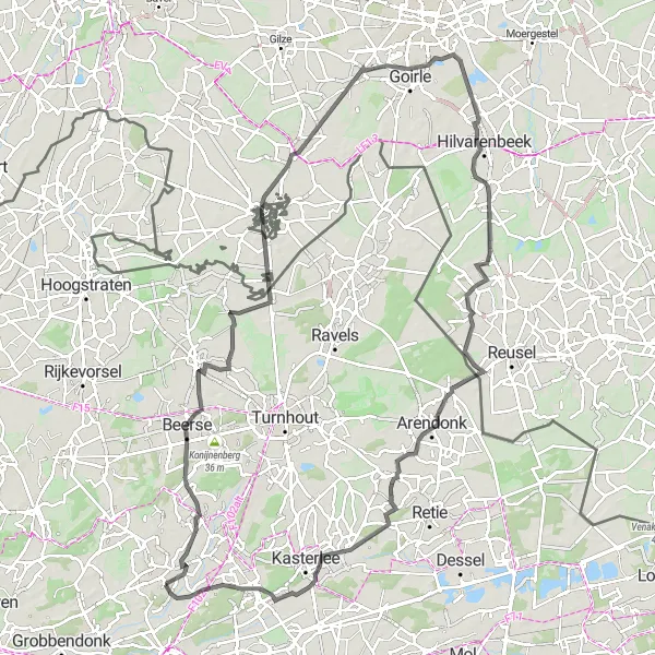 Map miniature of "Poederlee to Lichtaart Road Route" cycling inspiration in Prov. Antwerpen, Belgium. Generated by Tarmacs.app cycling route planner