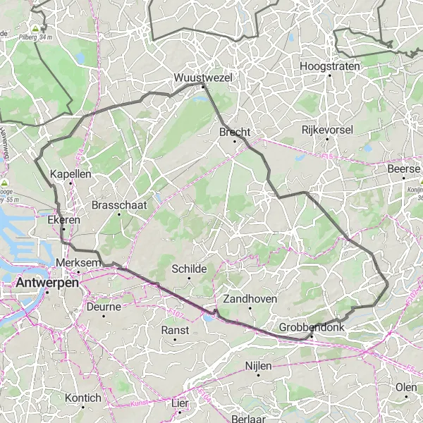 Map miniature of "Grobbendonk to Wechelderzande Road Route" cycling inspiration in Prov. Antwerpen, Belgium. Generated by Tarmacs.app cycling route planner