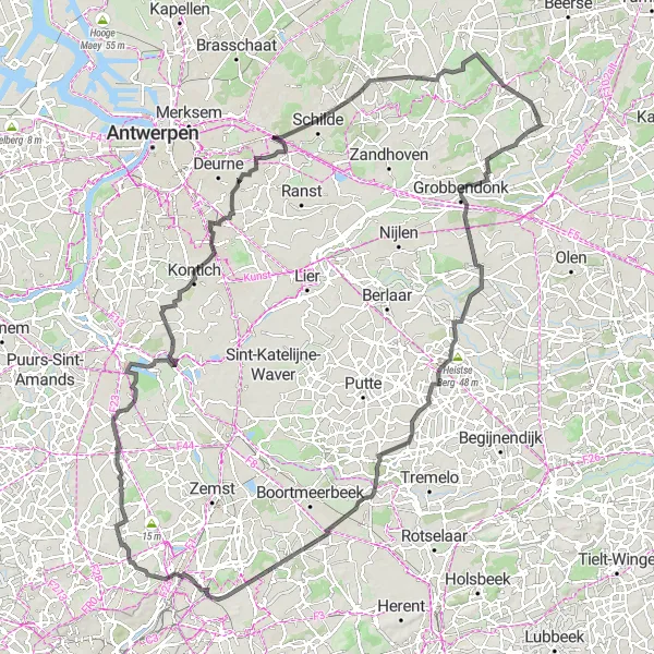 Map miniature of "Lille to Salphen Road Route" cycling inspiration in Prov. Antwerpen, Belgium. Generated by Tarmacs.app cycling route planner