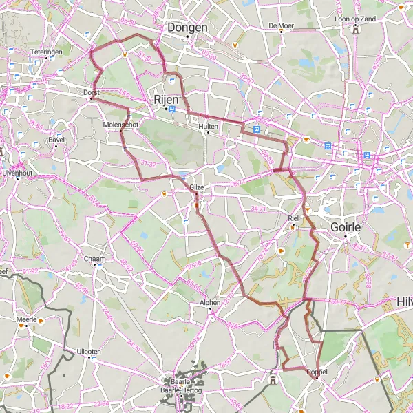 Miniature de la carte de l'inspiration cycliste "La route de gravier de Alphen-Oosterwijk" dans la Prov. Antwerpen, Belgium. Générée par le planificateur d'itinéraire cycliste Tarmacs.app