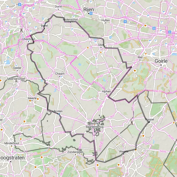 Map miniature of "Hidden Gems and Stunning Landscapes" cycling inspiration in Prov. Antwerpen, Belgium. Generated by Tarmacs.app cycling route planner