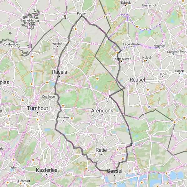 Karten-Miniaturansicht der Radinspiration "Entdeckungstour durch Poppel und Umgebung" in Prov. Antwerpen, Belgium. Erstellt vom Tarmacs.app-Routenplaner für Radtouren