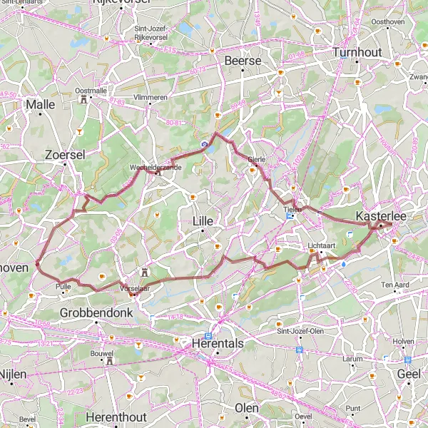 Map miniature of "Gravel Adventure in Pulderbos" cycling inspiration in Prov. Antwerpen, Belgium. Generated by Tarmacs.app cycling route planner