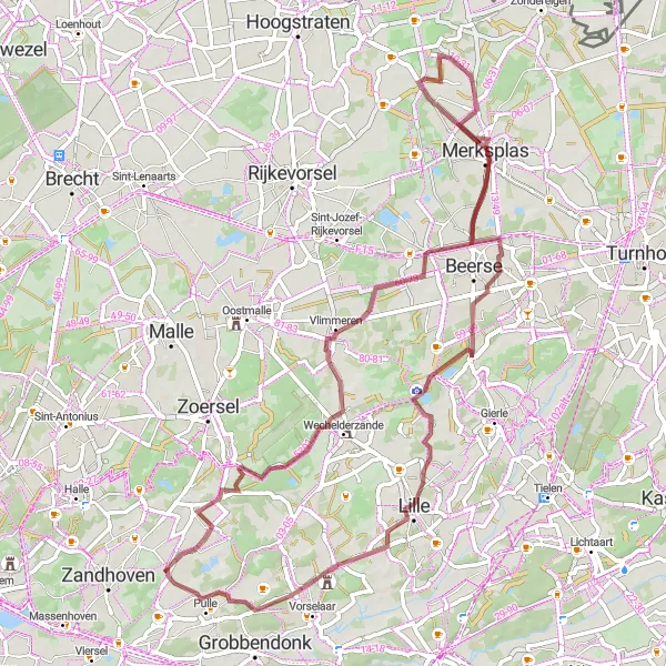 Karten-Miniaturansicht der Radinspiration "Gravelroute von Pulderbos nach Vlimmeren" in Prov. Antwerpen, Belgium. Erstellt vom Tarmacs.app-Routenplaner für Radtouren