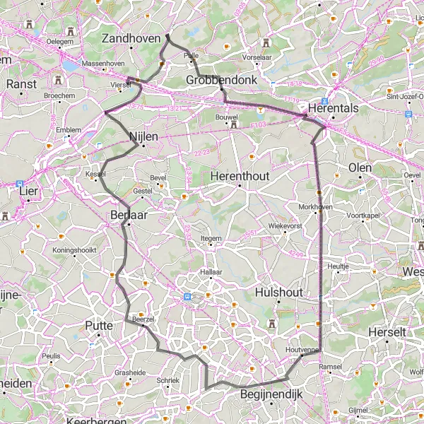 Miniatuurkaart van de fietsinspiratie "Wegroute door Grobbendonk en omgeving" in Prov. Antwerpen, Belgium. Gemaakt door de Tarmacs.app fietsrouteplanner